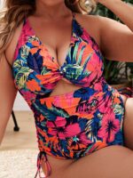 Plus Size Women-Printed Push-up Hollow One-Piece Swimsuit