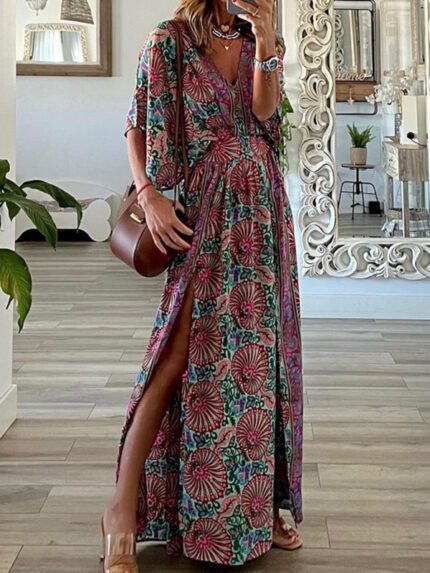 V-Neck Short Sleeve Loose Bohemian Print Midi Dress