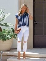 Chic Striped Short Sleeve Lapel Shirt | Woven Casual Style Button-Down