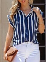 Chic Striped Short Sleeve Lapel Shirt | Woven Casual Style Button-Down