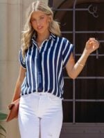 Chic Striped Short Sleeve Lapel Shirt | Woven Casual Style Button-Down