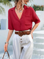 Retro Lapel Short-Sleeved Shirt in Solid Color