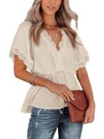 Solid Color Short Sleeve Top with Lace Panel