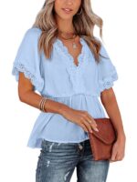 Solid Color Short Sleeve Top with Lace Panel