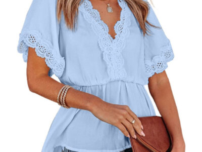 Solid Color Short Sleeve Top with Lace Panel