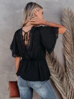 Solid Color Short Sleeve Top with Lace Panel