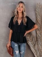 Solid Color Short Sleeve Top with Lace Panel