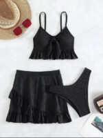 Three-Piece Swimsuit Set with Hip-Hugging Skirt