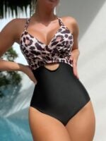 Sexy Leopard Print One-Piece Swimsuit for Women with Cross Hollow Back and Butterfly Button Detail