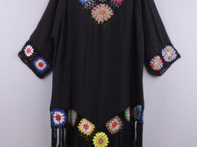 Three-Quarter Sleeve Ethnic Style Dress with Chain Link Flower Detail