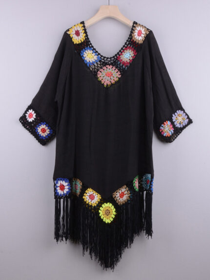Three-Quarter Sleeve Ethnic Style Dress with Chain Link Flower Detail