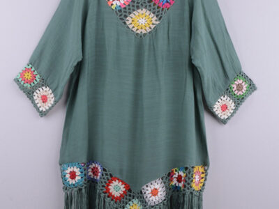 Three-Quarter Sleeve Ethnic Style Dress with Chain Link Flower Detail