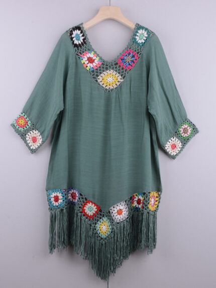 Three-Quarter Sleeve Ethnic Style Dress with Chain Link Flower Detail