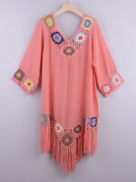 Three-Quarter Sleeve Ethnic Style Dress with Chain Link Flower Detail