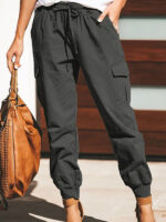 Solid Color Cargo Trousers with Casual Fashion, Pockets, and Waist Tie