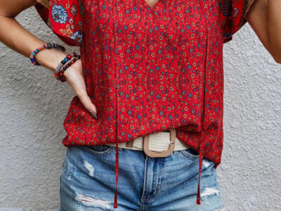 Ethnic Print V-Neck Short-Sleeve Loose Blouse