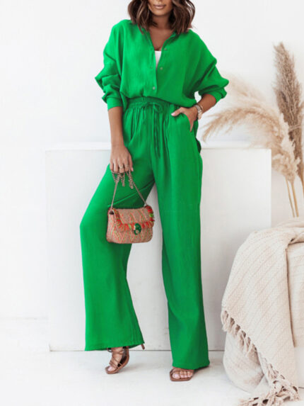 Loose Solid Color Long-Sleeved Shirt and Casual Trousers Two-Piece Set