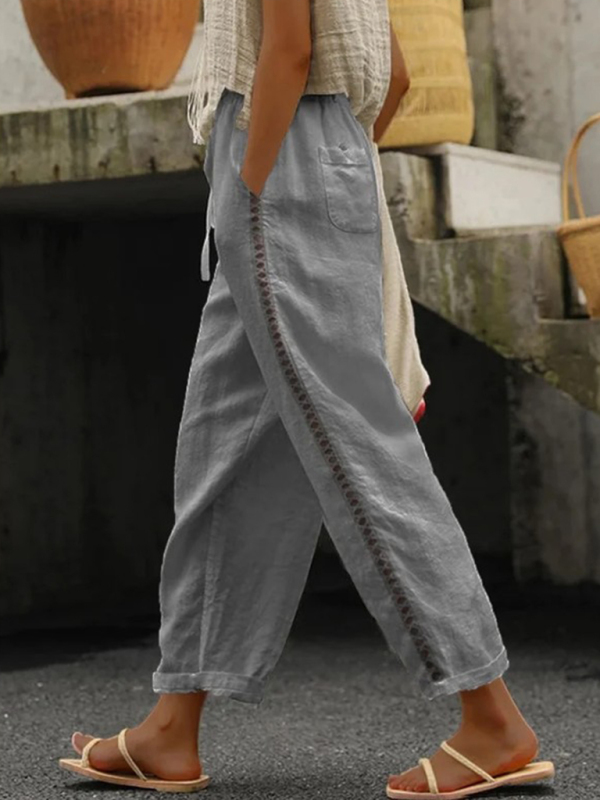 Cotton Linen Solid Color Casual Pants with Sweet Cropped Pants Stitching