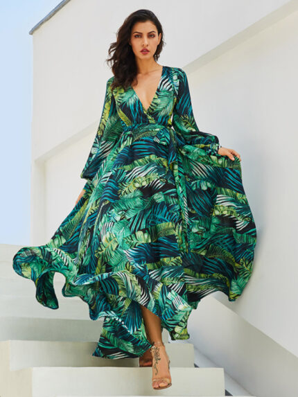 Lantern Sleeve V Neck Tie Leaf Print Swing Dress