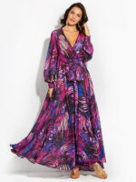 Lantern Sleeve V Neck Tie Leaf Print Swing Dress