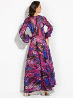 Lantern Sleeve V Neck Tie Leaf Print Swing Dress