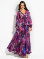 Lantern Sleeve V Neck Tie Leaf Print Swing Dress