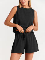 Sleeveless Solid Color Woven Top and Loose Cotton Linen Shorts Two-Piece Set