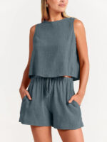 Sleeveless Solid Color Woven Top and Loose Cotton Linen Shorts Two-Piece Set