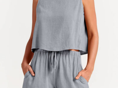 Sleeveless Solid Color Woven Top and Loose Cotton Linen Shorts Two-Piece Set