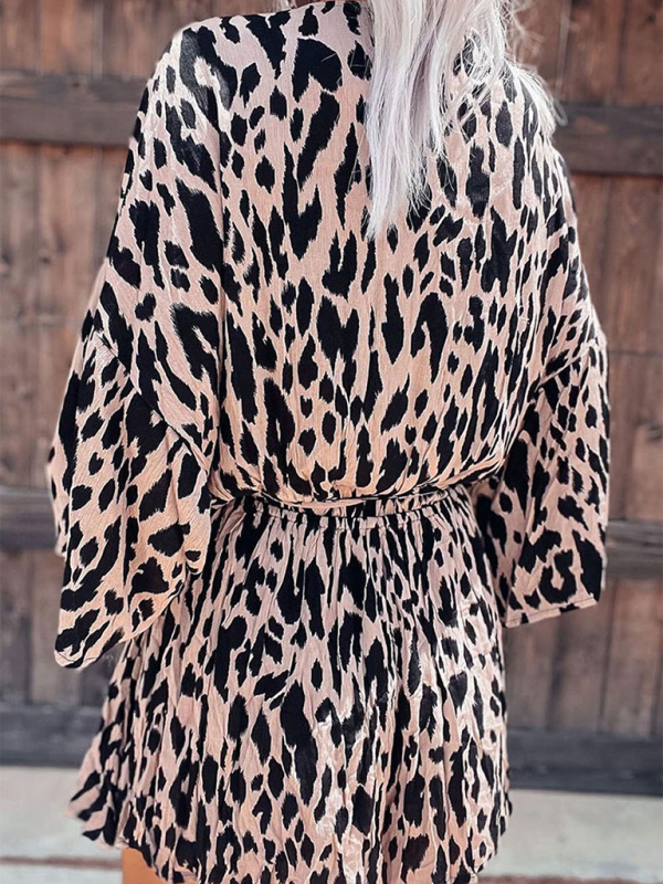 Leopard Print Pleated Belt Deep V-Neck Woven Long-Sleeved Jumpsuit