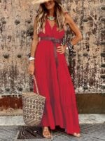 Chic French-Style High-Waist V-Neck Maxi Dress with Elegant Stitching