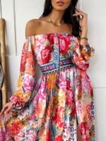 One-Shoulder Printed Pullover Retro Long-Sleeved Dress with Slits