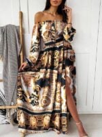 One-Shoulder Printed Pullover Retro Long-Sleeved Dress with Slits