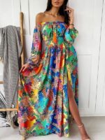 One-Shoulder Printed Pullover Retro Long-Sleeved Dress with Slits