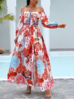 One-Shoulder Printed Pullover Retro Long-Sleeved Dress with Slits