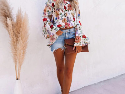 New Print One-Shoulder Bell Sleeve High Waist Blouse