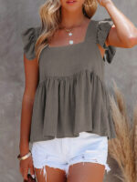 Solid Color Casual Square Neck Flutter Sleeve Top