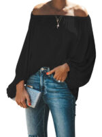 Off-Shoulder Solid Color Loose Long Sleeve Top with Lantern Sleeves