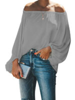 Off-Shoulder Solid Color Loose Long Sleeve Top with Lantern Sleeves