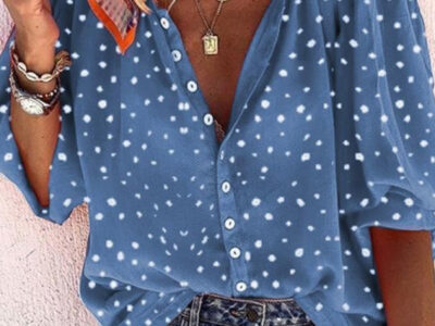 Polka Dot Snowflake Print V-Neck Long Sleeve Button-Up Women’s Shirt