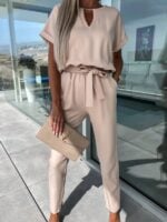 Chic Short-Sleeved V-Neck Jumpsuit with Slip Pocket, Elastic Waist, and Tie-Up Pencil Pants