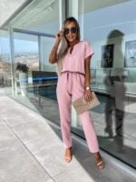 Chic Short-Sleeved V-Neck Jumpsuit with Slip Pocket, Elastic Waist, and Tie-Up Pencil Pants