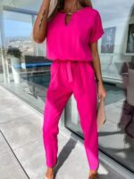 Chic Short-Sleeved V-Neck Jumpsuit with Slip Pocket, Elastic Waist, and Tie-Up Pencil Pants