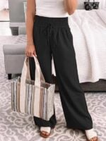 Loose Mid-Waist Casual Trousers with Lace-Up Details and Wide-Leg Cut