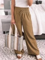 Loose Mid-Waist Casual Trousers with Lace-Up Details and Wide-Leg Cut