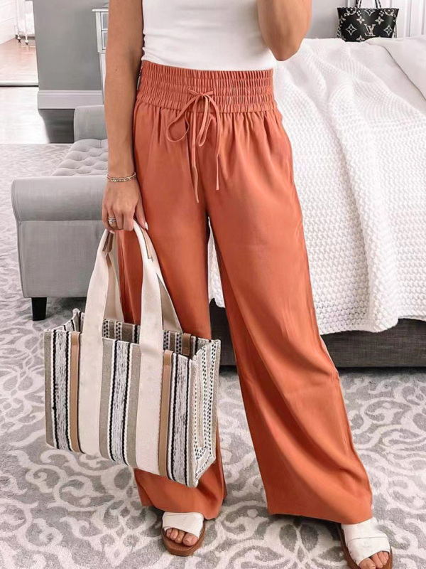 Loose Mid-Waist Casual Trousers with Lace-Up Details and Wide-Leg Cut
