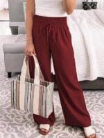 Loose Mid-Waist Casual Trousers with Lace-Up Details and Wide-Leg Cut