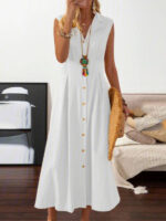 Effortless Style- Sleeveless Cotton and Linen Midi Dress with Lapel Collar
