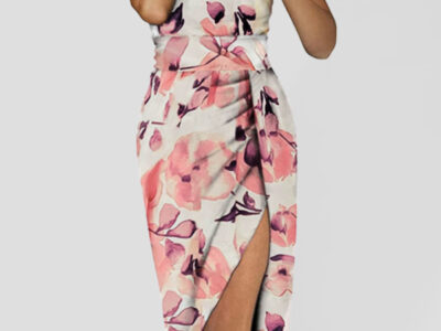 Printed One-Word Collar Tulip Skirt Midi Dress