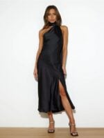 Satin Backless Evening Gown with a Stylish Slit Design